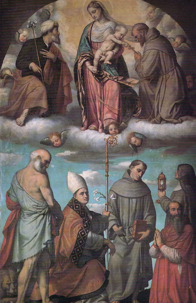 37-Bonvicini Alessandro-Moretto-Madonna col Bambino in gloria con i santi Giuseppe, Francesco d'Assisi, Girolamo, Ludovico da Tolosa, Antonio da Padova